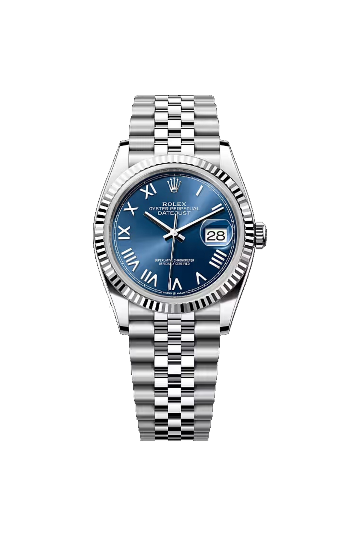 Rolex Datejust 36 (2026) White Rolesor Bright Blue Roman Dial Jubilee