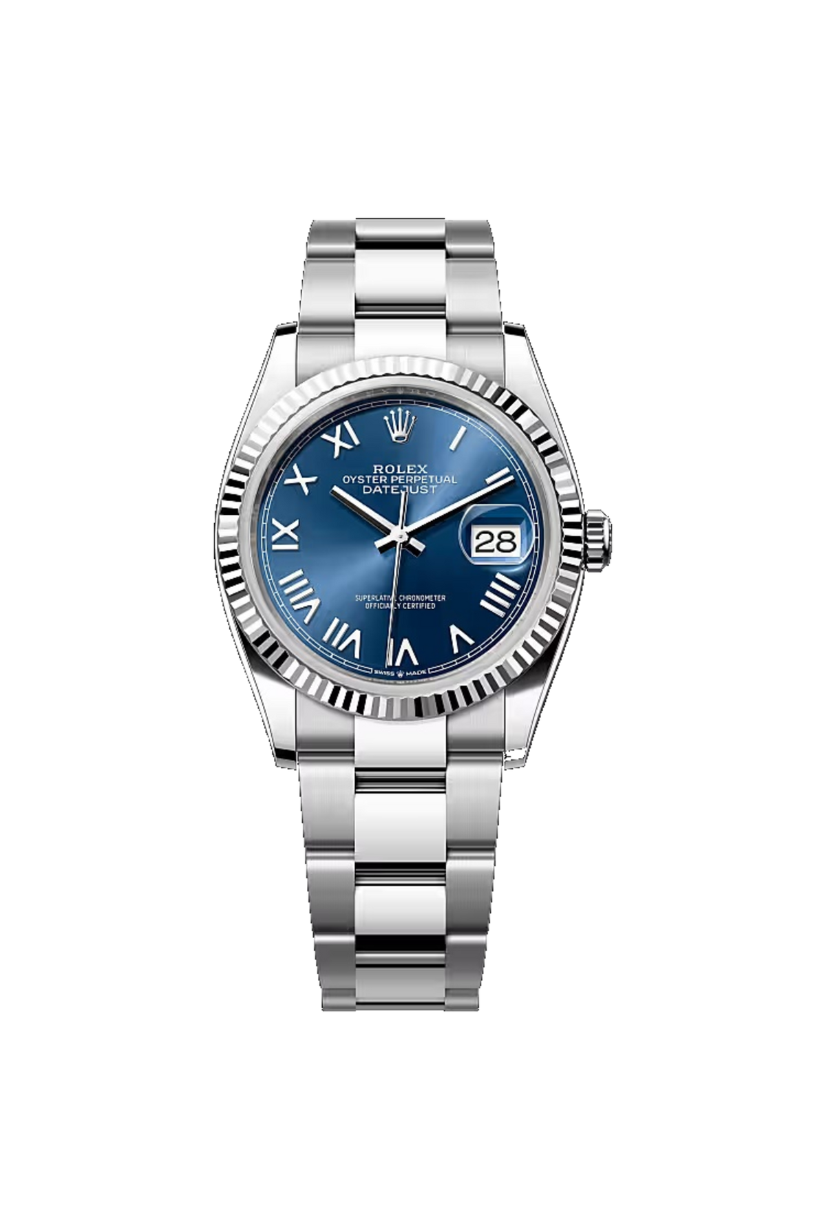 Rolex Datejust 36 (2026) White Rolesor Bright Blue Roman Dial Oyster