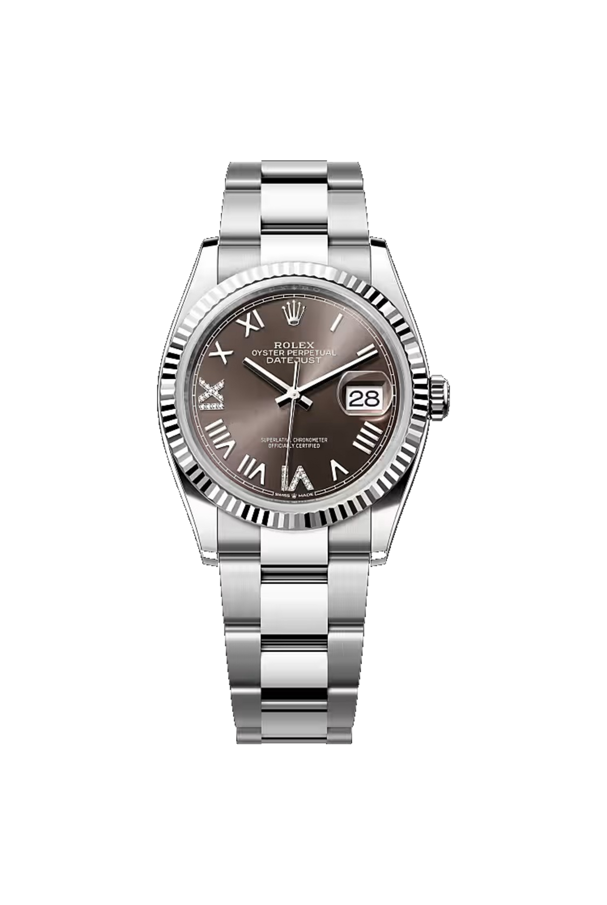 Rolex Datejust 36 (2026) White Rolesor Dark Grey Diamond Roman VI/IX Dial Oyster