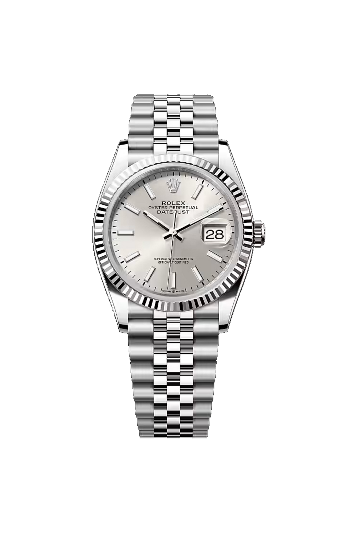 Rolex Datejust 36 (2026) White Rolesor Silver Stick Dial Jubilee