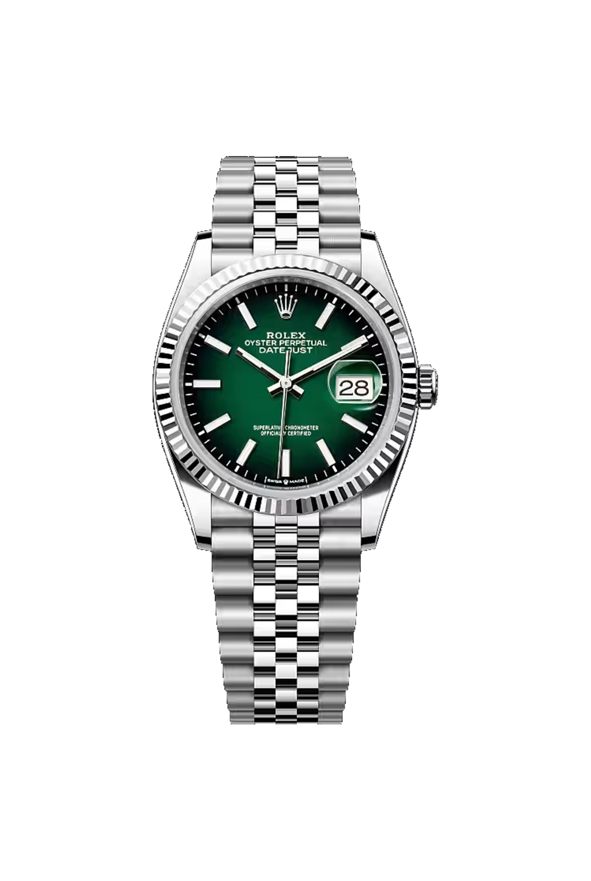 Rolex Datejust 36 (2026) White Rolesor Green Ombré Stick Dial Jubilee