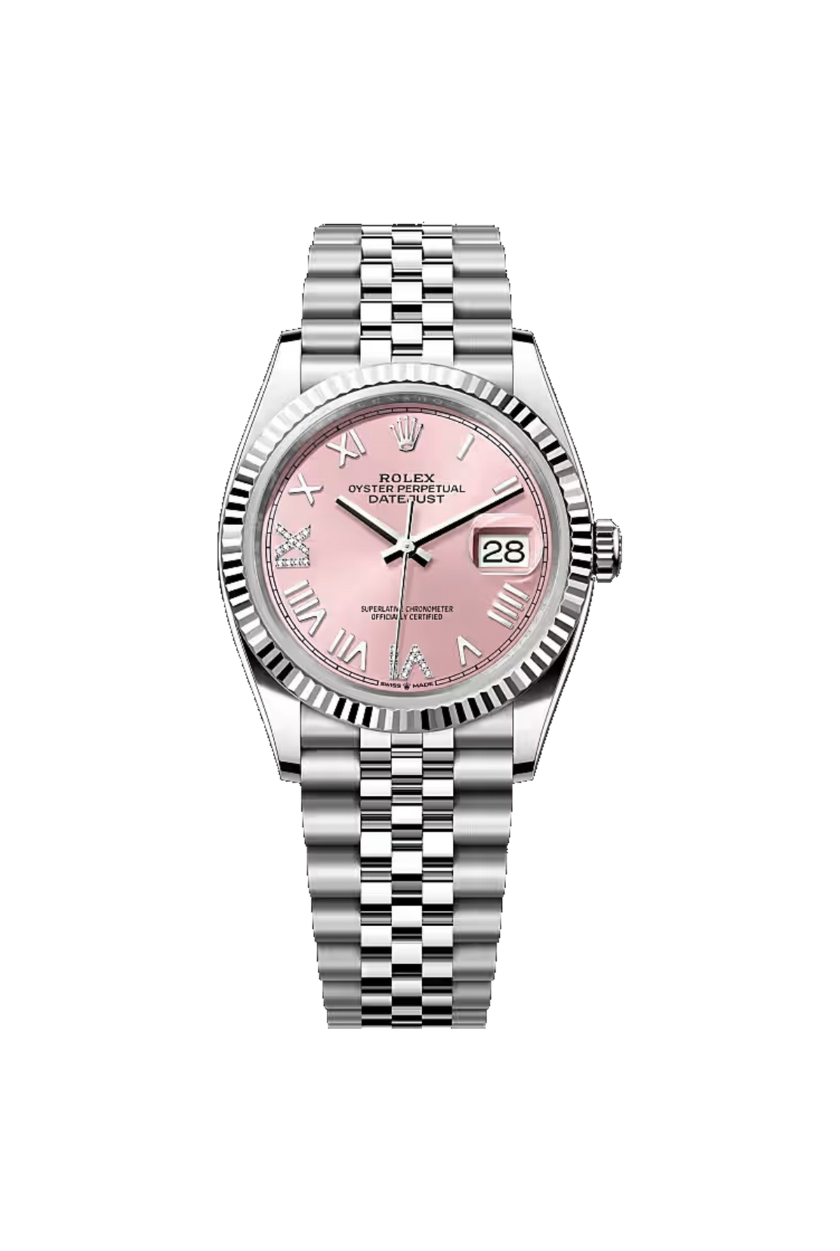 Rolex Datejust 36 (2026) White Rolesor Pink Diamond Roman VI/IX Dial Jubilee
