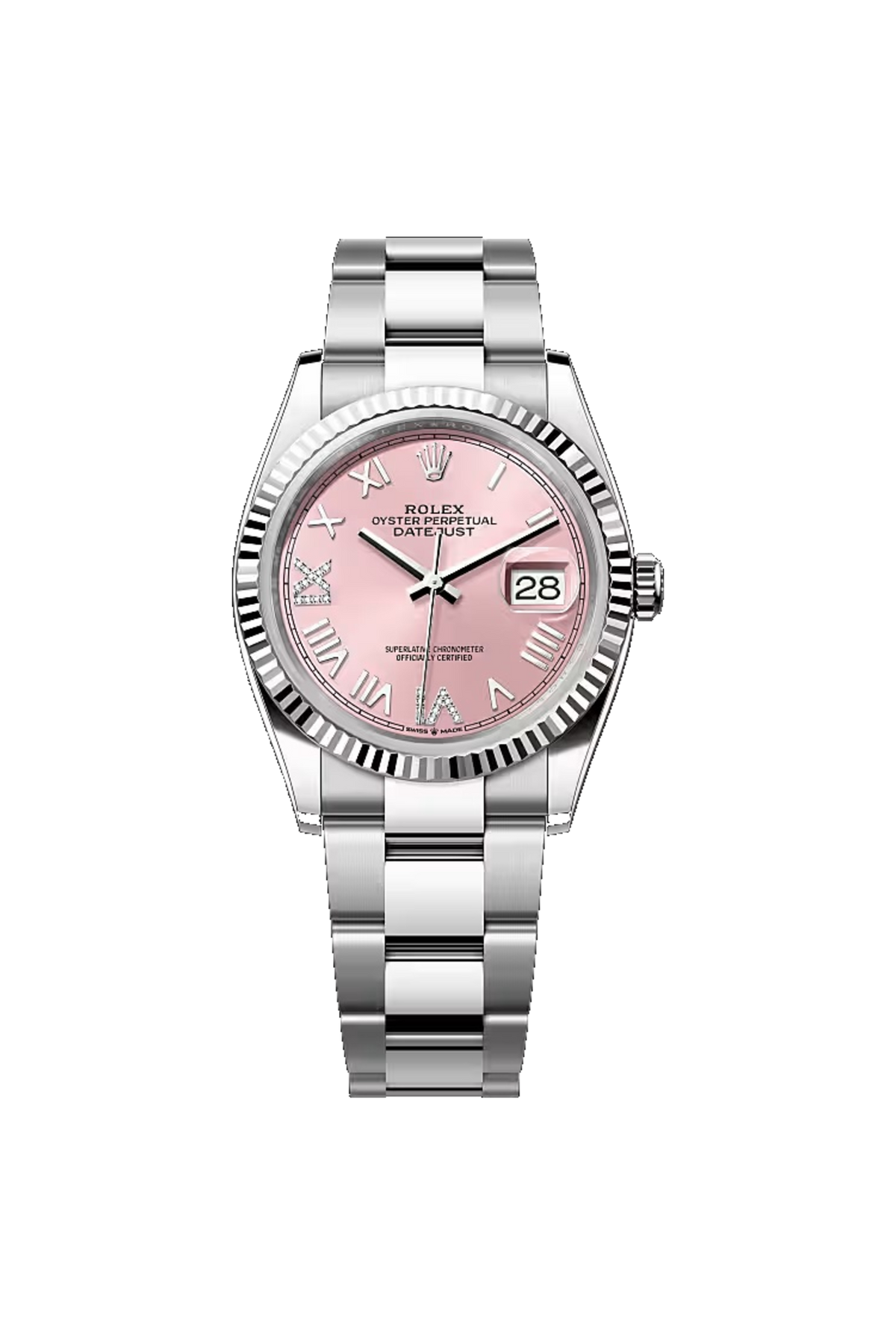 Rolex Datejust 36 (2026) White Rolesor Pink Diamond Roman VI/IX Dial Oyster