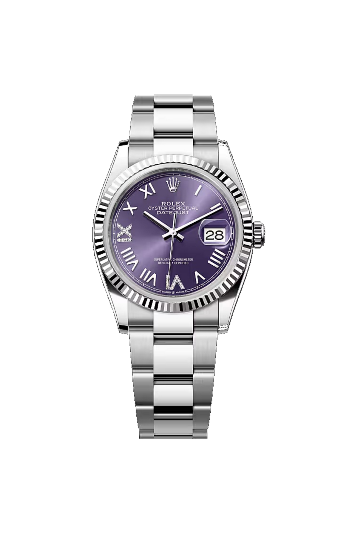 Rolex Datejust 36 (2026) White Rolesor Aubergine Diamond Roman VI/IX Dial Oyster