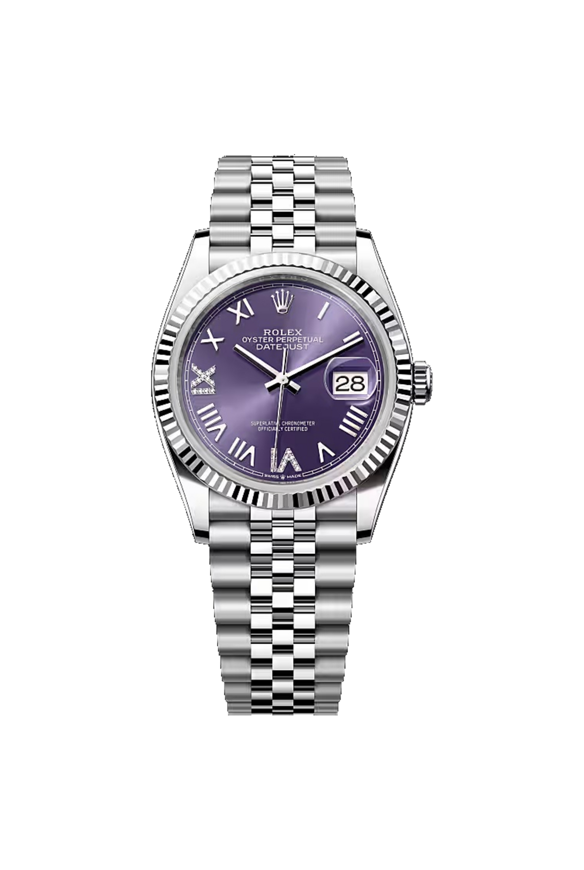 Rolex Datejust 36 (2026) White Rolesor Aubergine Diamond Roman VI/IX Dial Jubilee