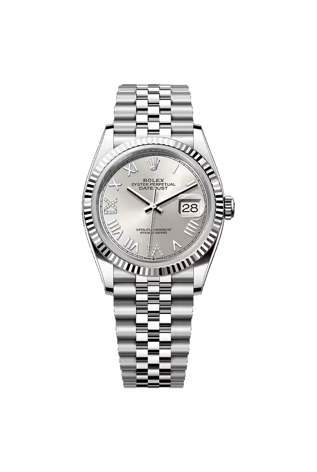 Rolex Datejust 36 (2026) White Rolesor Silver Diamond Roman VI/IX Dial Jubilee
