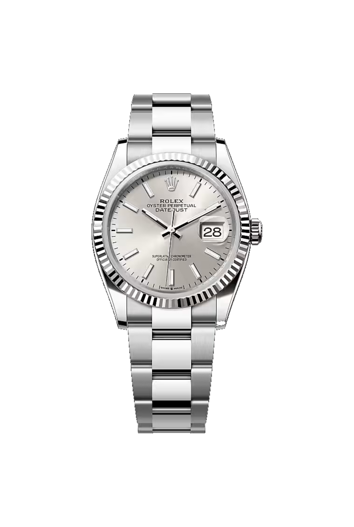 Rolex Datejust 36 (2026) White Rolesor Silver Stick Dial Oyster