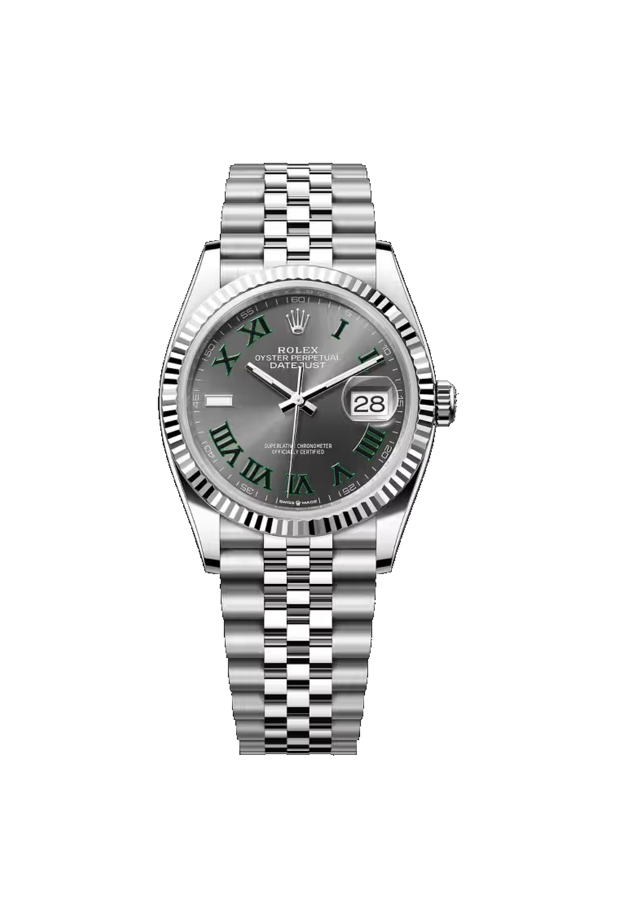 Rolex Datejust 36 (2026), Rolesor blanco, esfera pizarra Wimbledon con números romanos, brazalete Jubilee