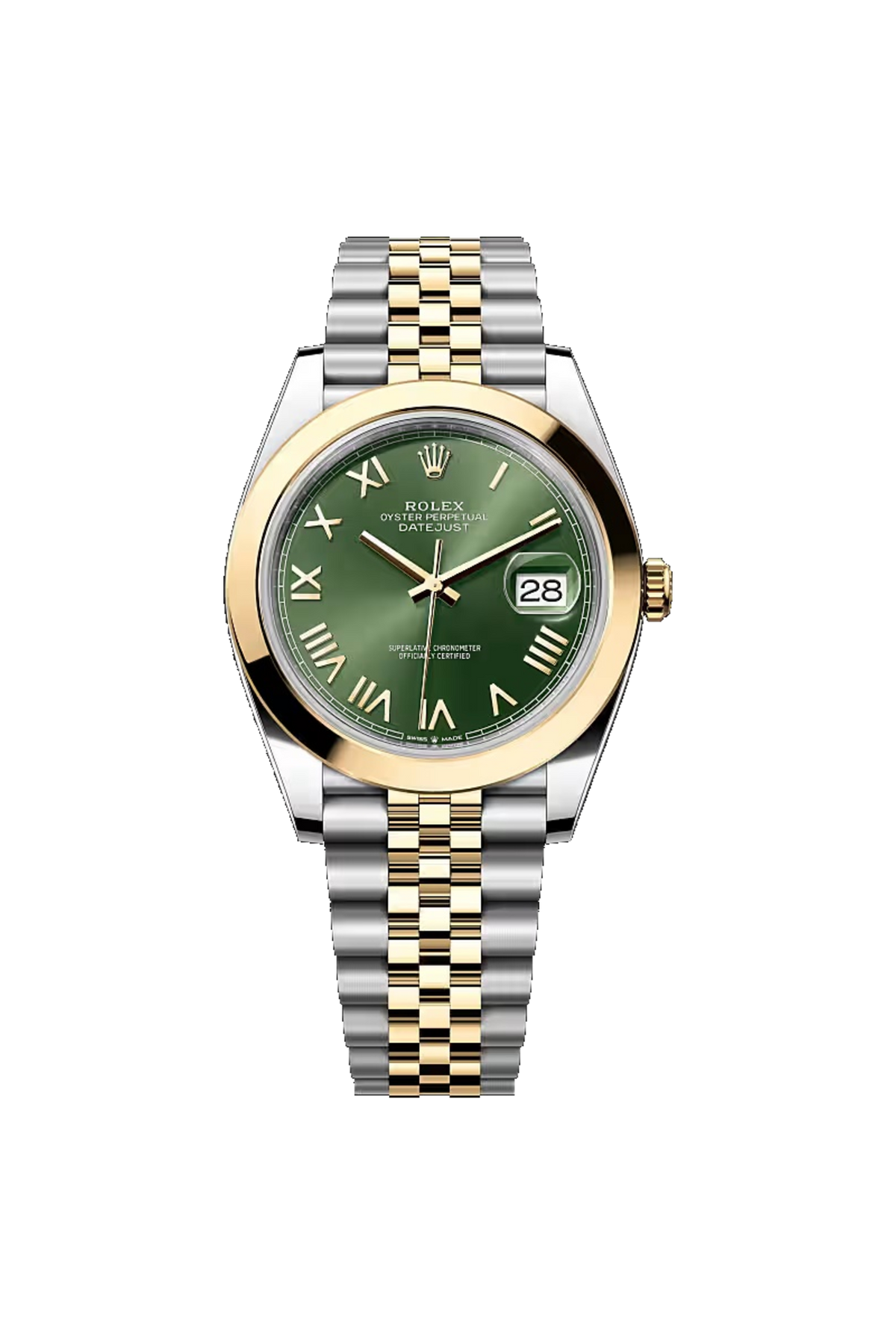Rolex Datejust 41 (2026) Yellow Rolesor Olive Green Roman Dial Jubilee Smooth Bezel