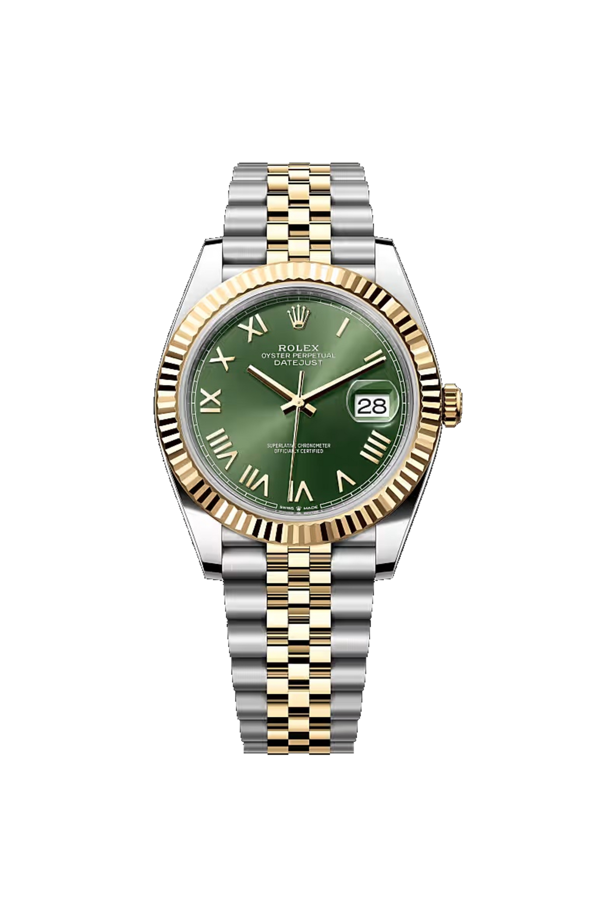 Rolex Datejust 41 (2026) Yellow Rolesor Olive Green Roman Dial Jubilee