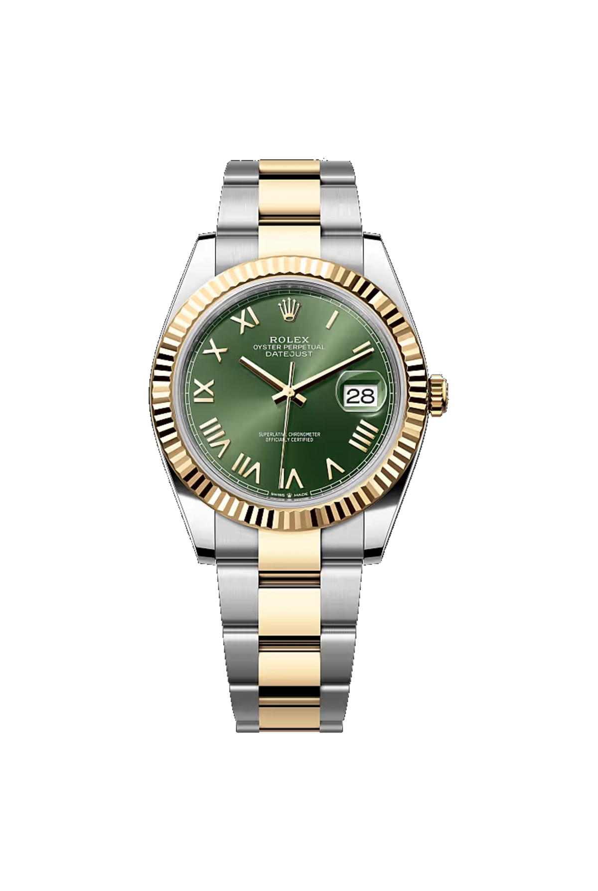 Rolex Datejust 41 (2026) Yellow Rolesor Olive Green Roman Dial Oyster