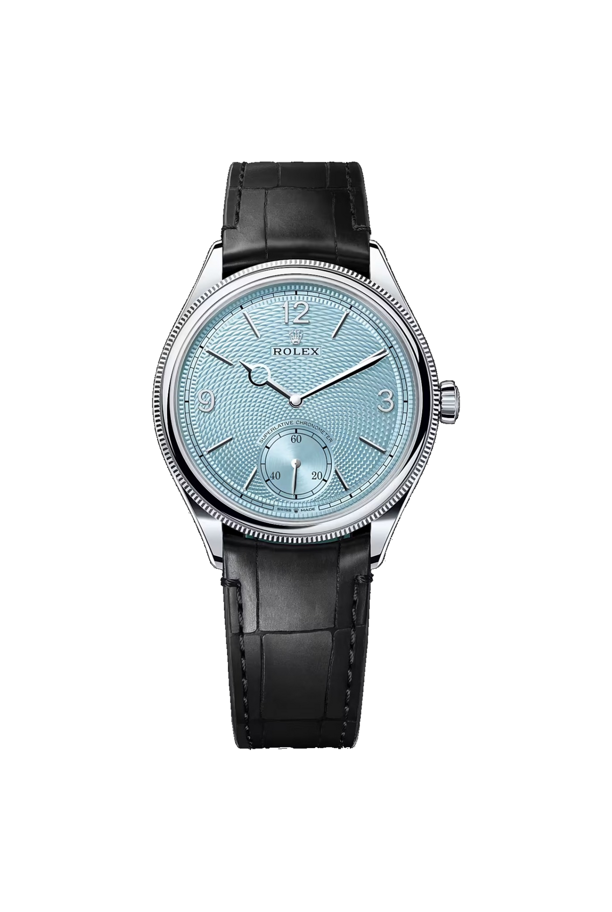 Rolex 1908 39 (2026) Platinum Ice Blue Dial Black Alligator