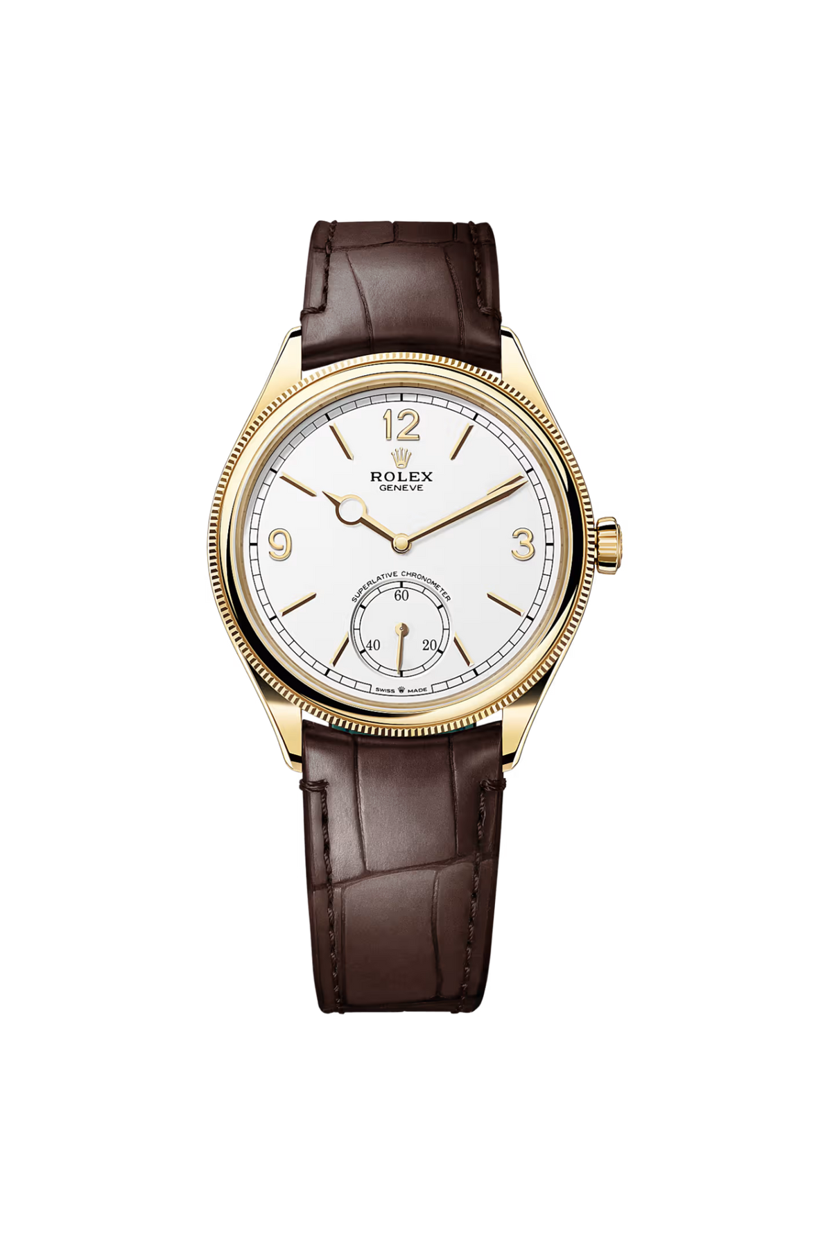 Rolex 1908 39 (2026) Yellow Gold Intense White Dial Brown Alligator