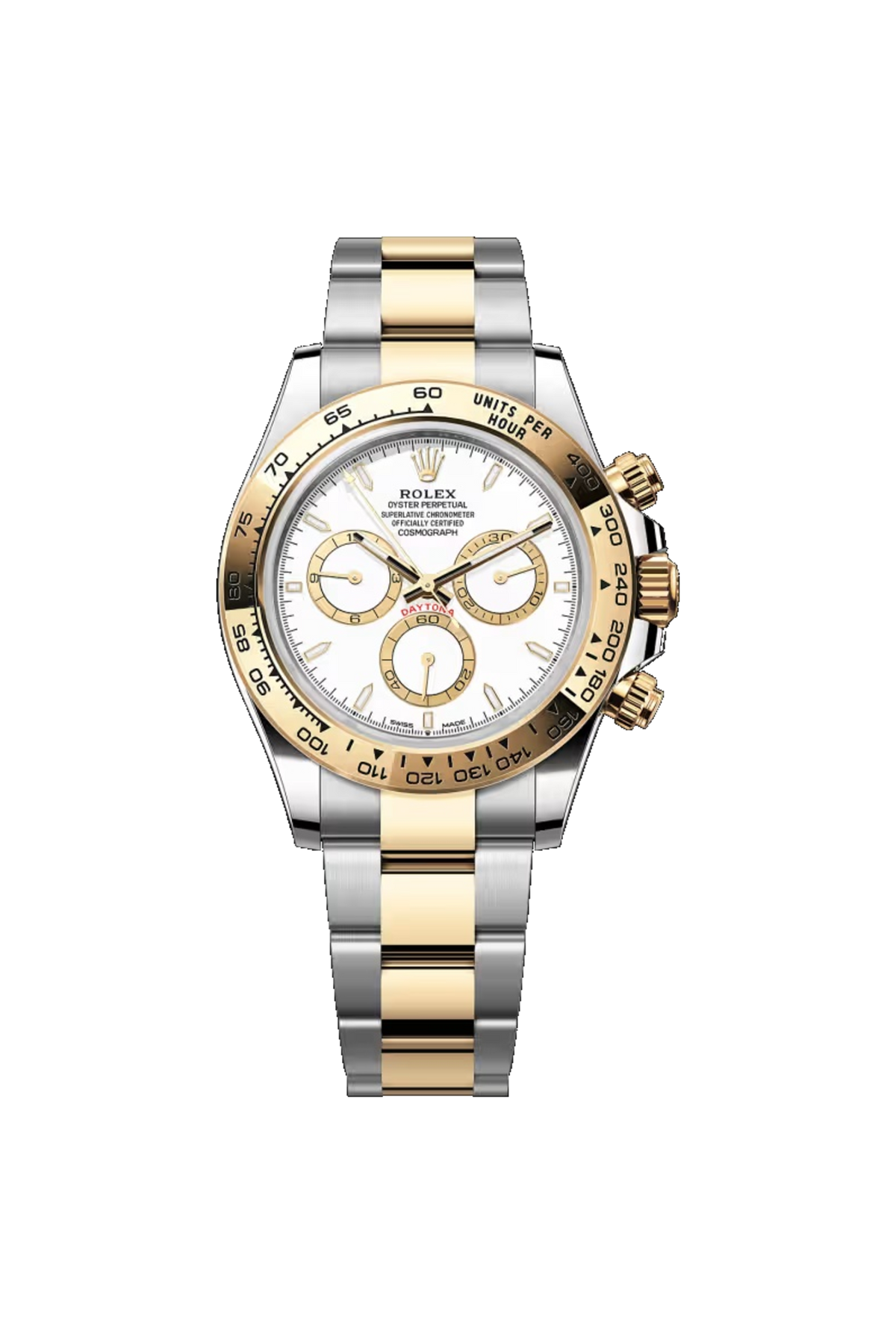 Rolex Cosmograph Daytona 40 (2026) Yellow Rolesor White With Golden Counter Rings Dial Oyster