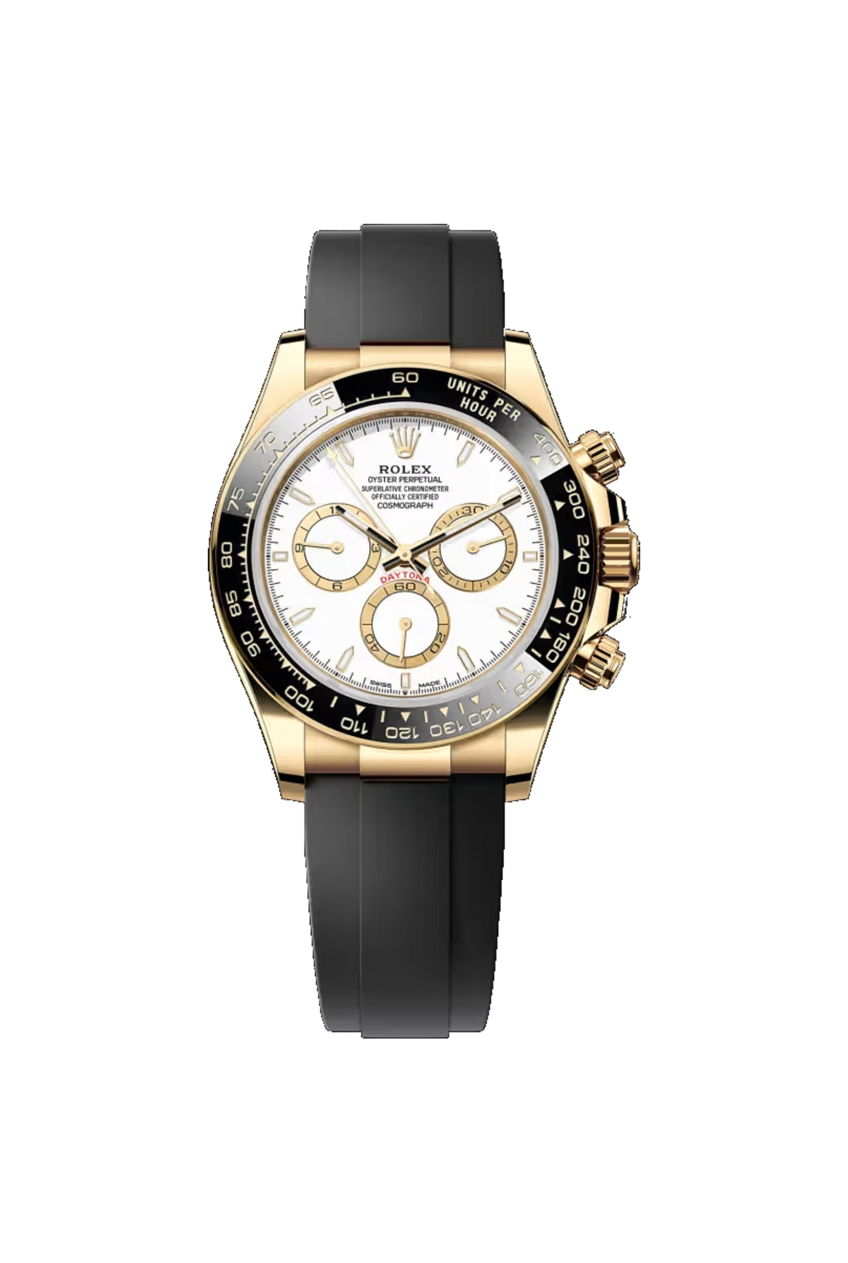 Rolex Cosmograph Daytona 40 (2026) Yellow Gold White With Golden Counter Rings Dial Oysterflex