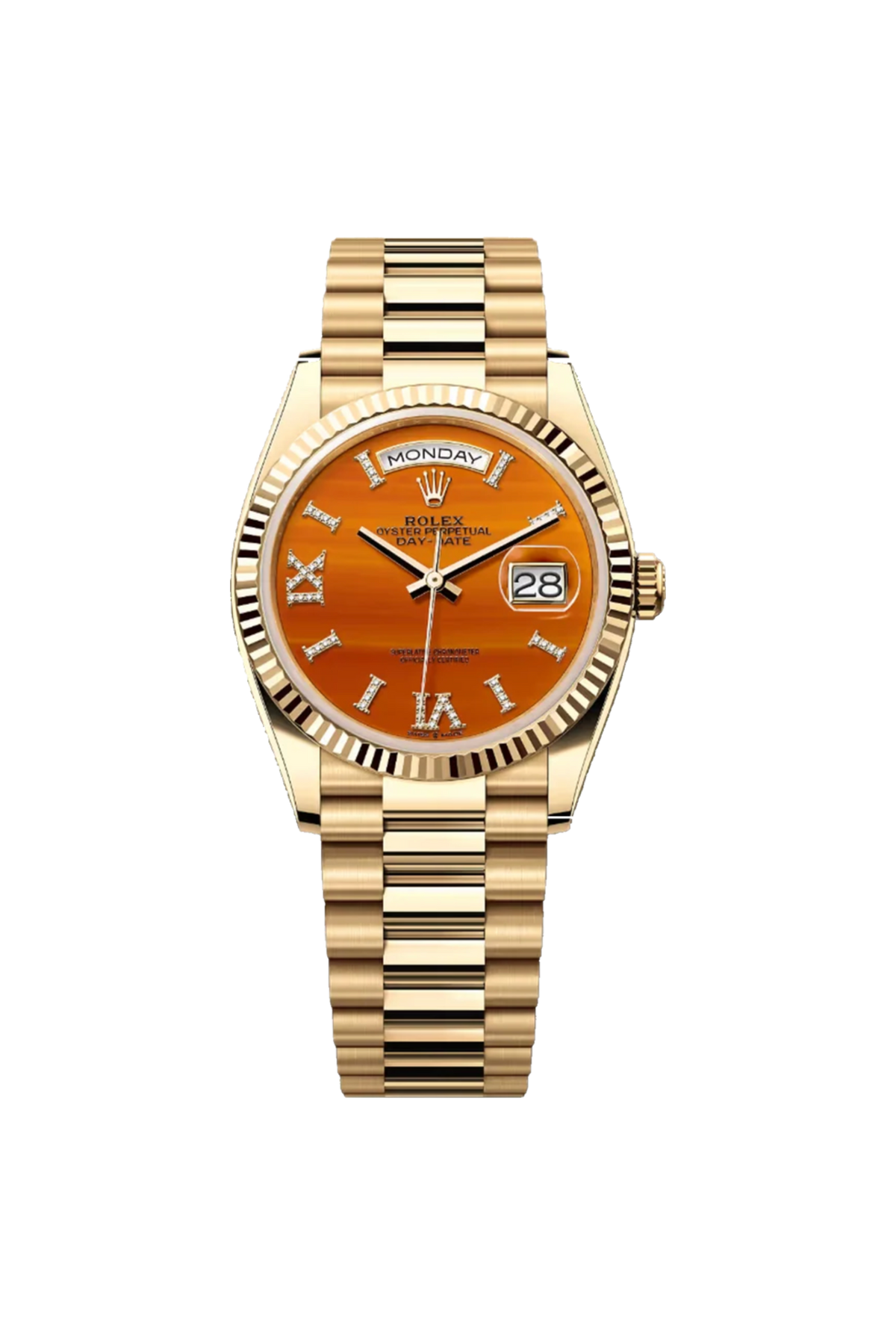 Rolex Day-Date 36 (2026) Yellow Gold Carnelian With Diamond Hour Markers Dial President