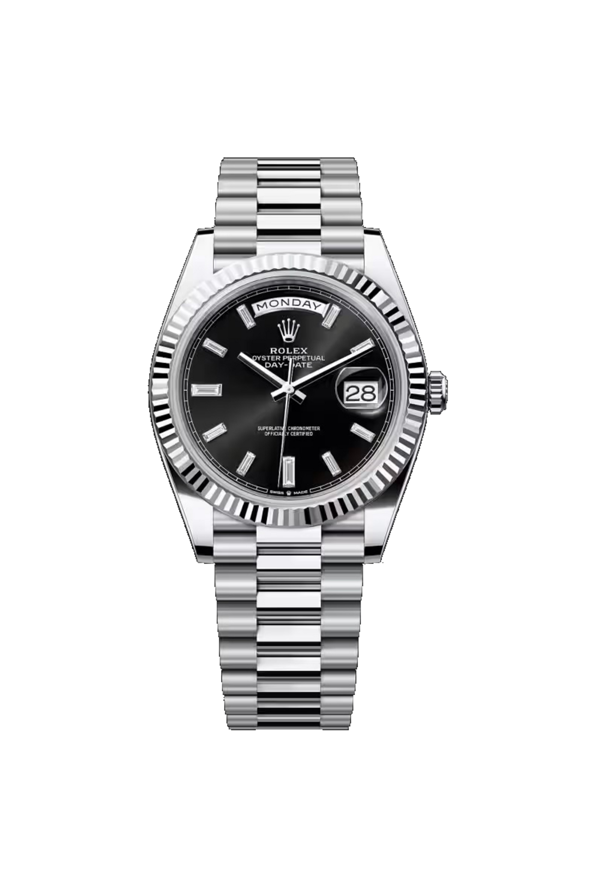Rolex Day-Date 40 (2026) Platinum Bright Black Baguette Diamond Dial