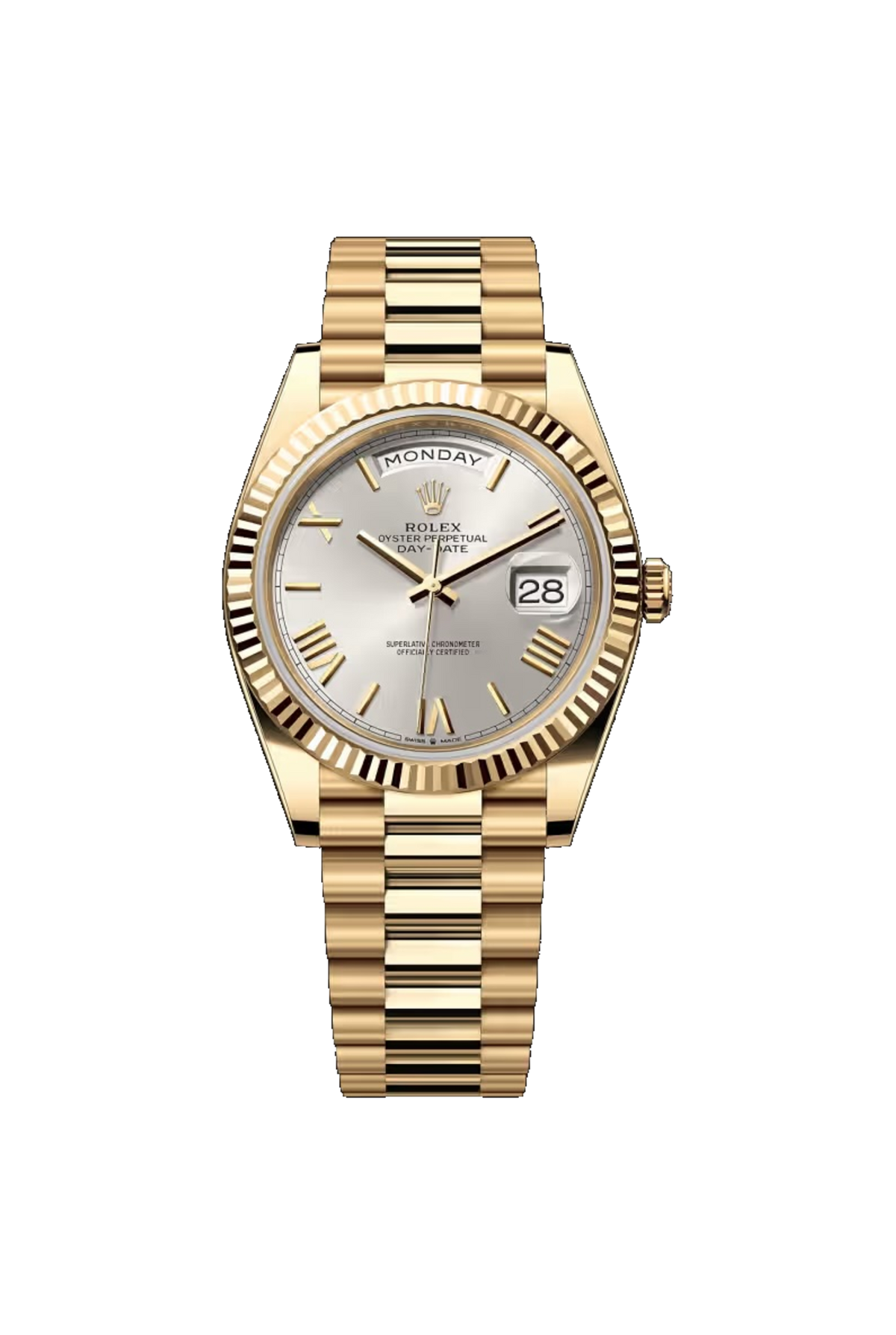 Rolex Day-Date 40 (2026) Yellow Gold Silver Roman Dial