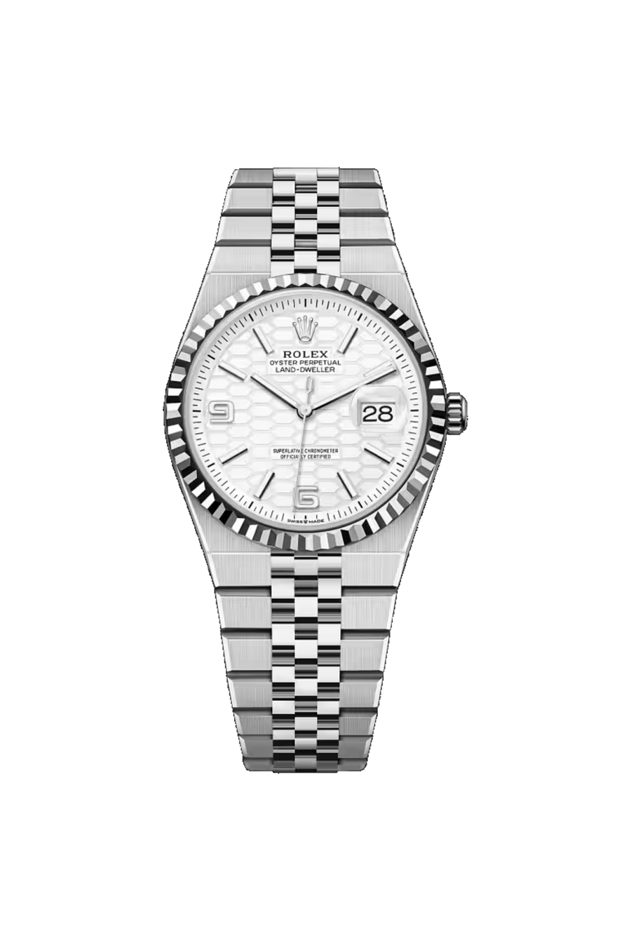 Rolex Land-Dweller 36 referencia 127234, Acero Oystersteel y oro blanco (White Rolesor), Blanco intenso con motivo de panal, bisel estriado y brazalete Flat Jubilee.