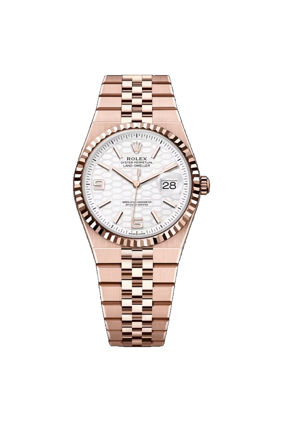 Rolex Land-Dweller 36 referenza 127235, Oro Everose 18K, Bianco intenso con motivo a nido d’ape, lunetta zigrinata e bracciale Flat Jubilee.