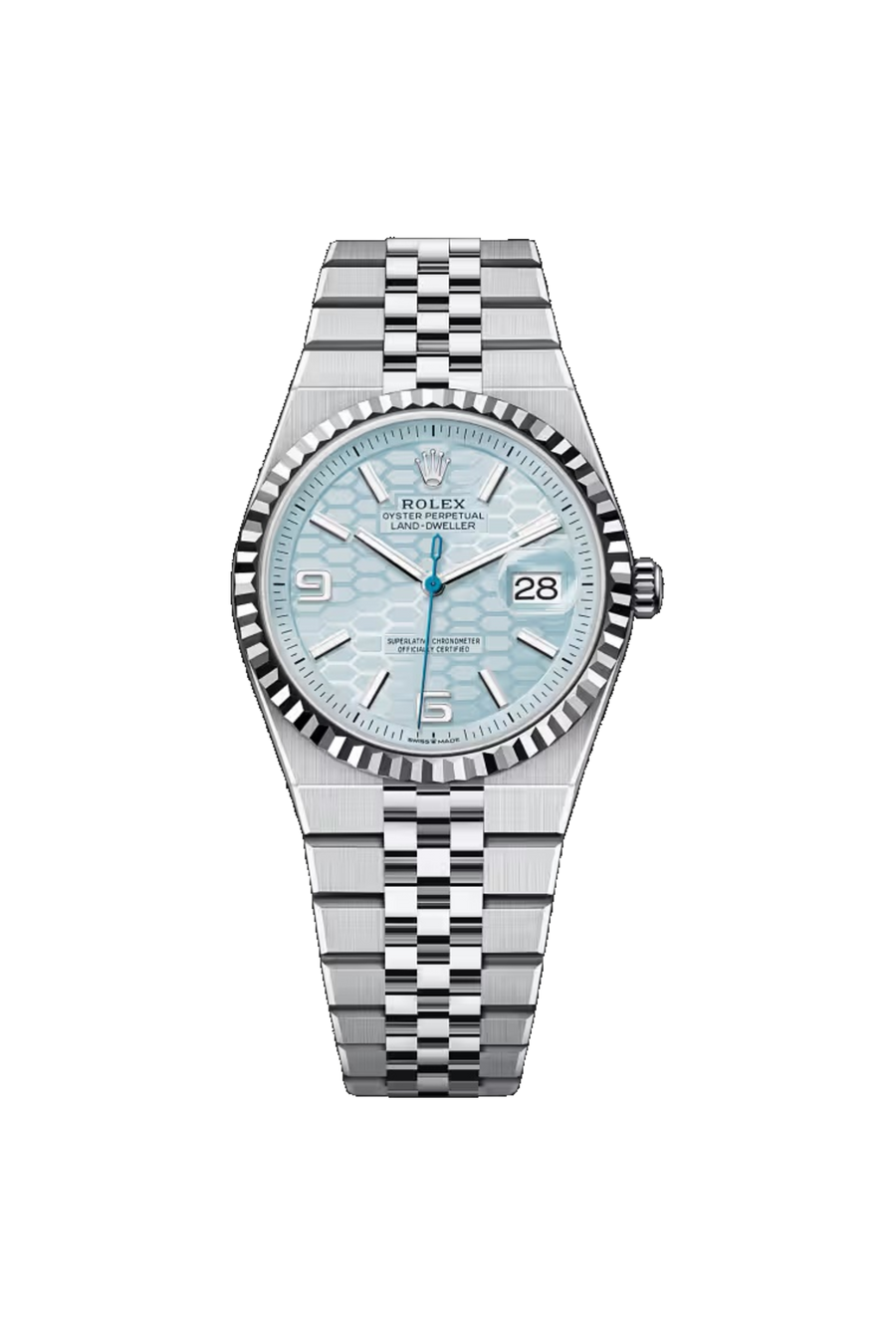 Rolex Land-Dweller 36 referencia 127236, Platino 950, Azul hielo con motivo de panal, bisel estriado y brazalete Flat Jubilee.