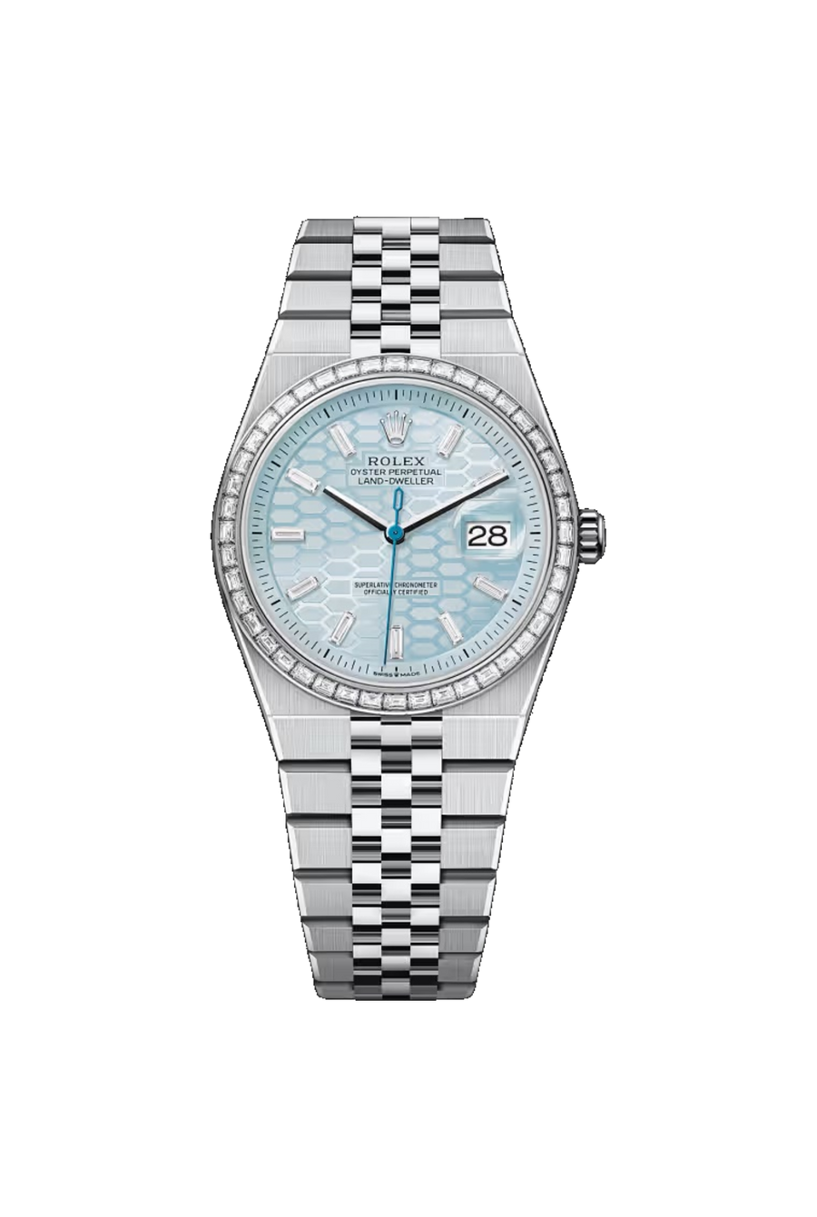 Rolex Land-Dweller 36 referencia 127286TBR, Platino 950, Azul hielo con motivo de panal e índices de diamante, bisel engastado con diamantes y brazalete Flat Jubilee.