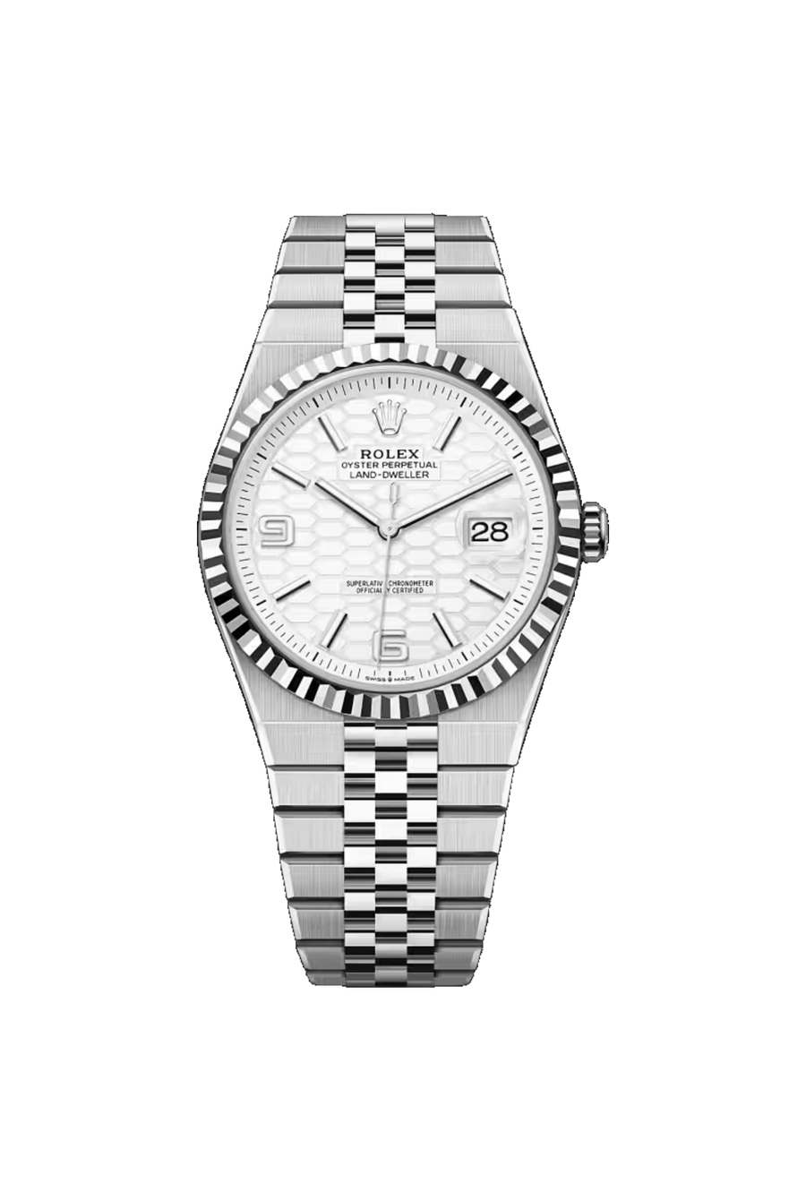 Rolex Land-Dweller 40 referencia 127334, Acero Oystersteel y oro blanco (White Rolesor), Blanco intenso con motivo de panal, bisel estriado y brazalete Flat Jubilee.