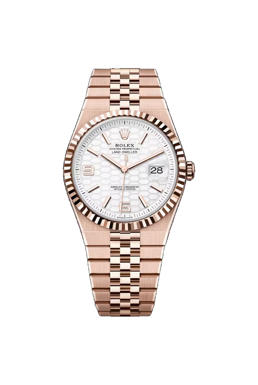 Rolex Land-Dweller 40 referencia 127335, Oro Everose de 18K, Blanco intenso con motivo de panal, bisel estriado y brazalete Flat Jubilee.
