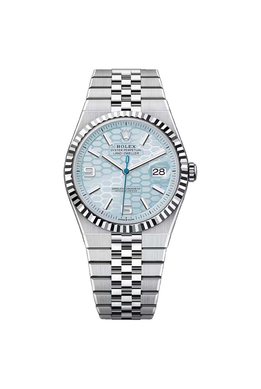Rolex Land-Dweller 40 referencia 127336, Platino 950, Azul hielo con motivo de panal, bisel estriado y brazalete Flat Jubilee.