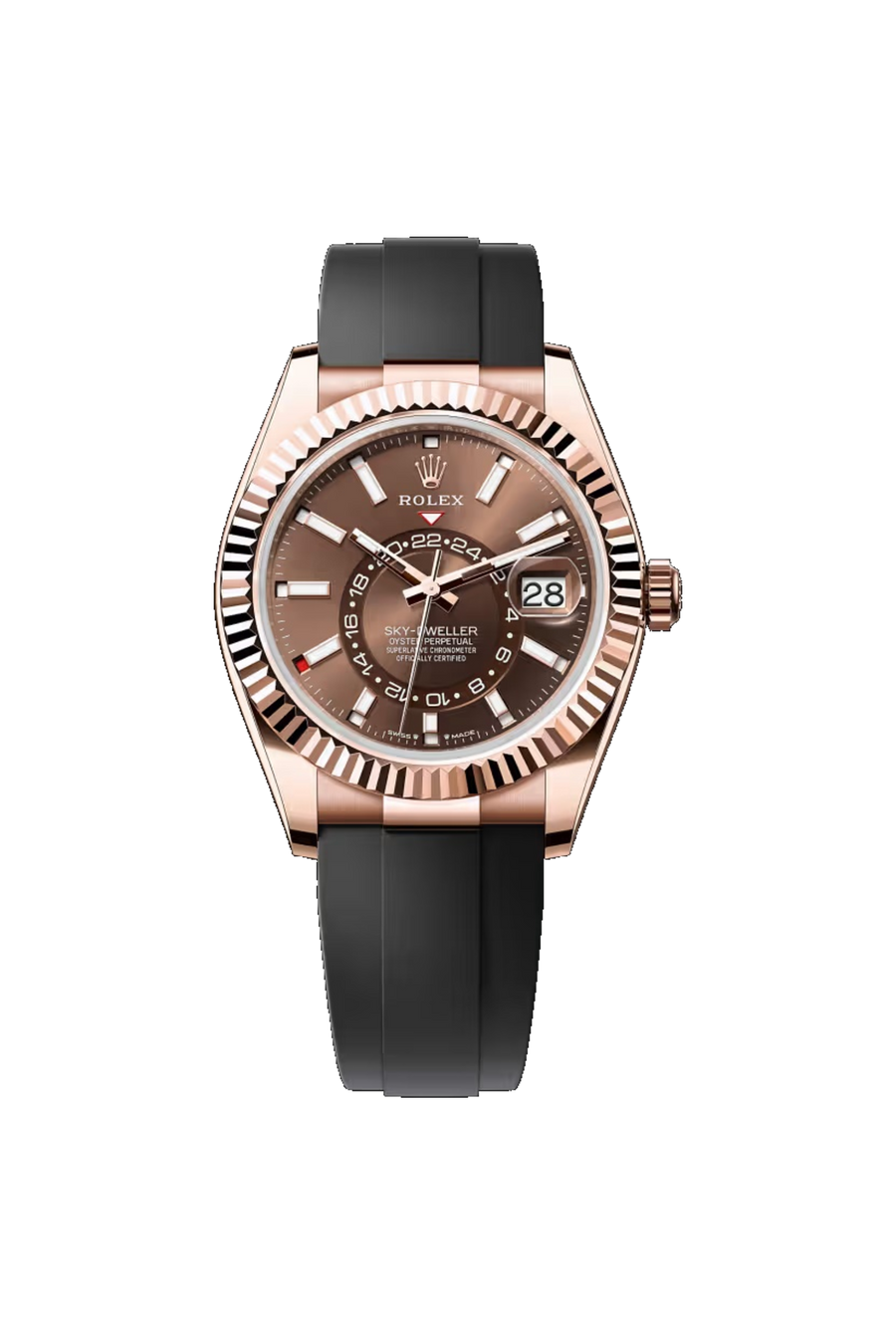 Rolex Sky-Dweller 42 referencia 336235, Oro Everose de 18K, esfera chocolate, brazalete Oysterflex.
