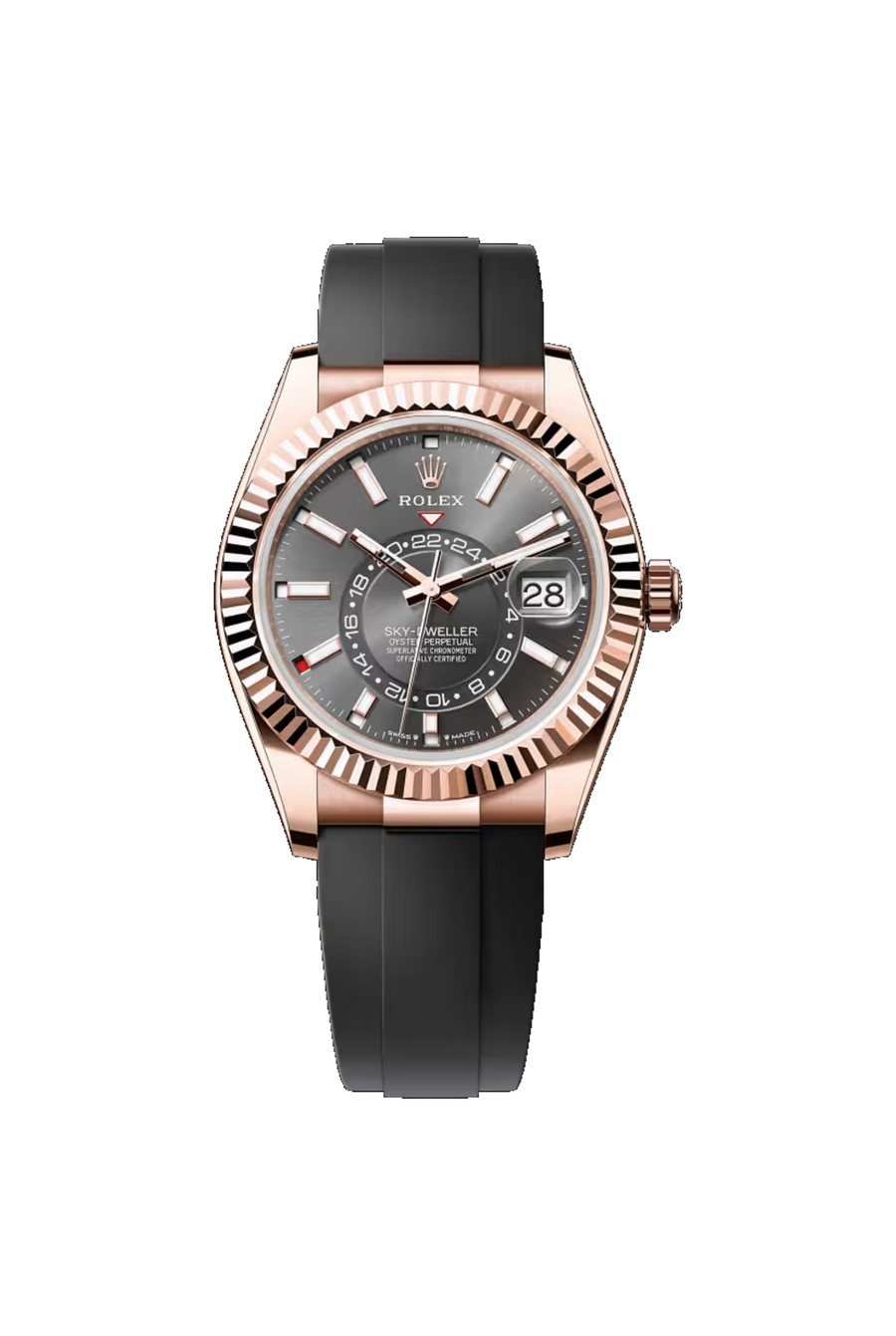 Rolex Sky-Dweller 42 referencia 336235, Oro Everose de 18K, esfera color pizarra, brazalete Oysterflex.