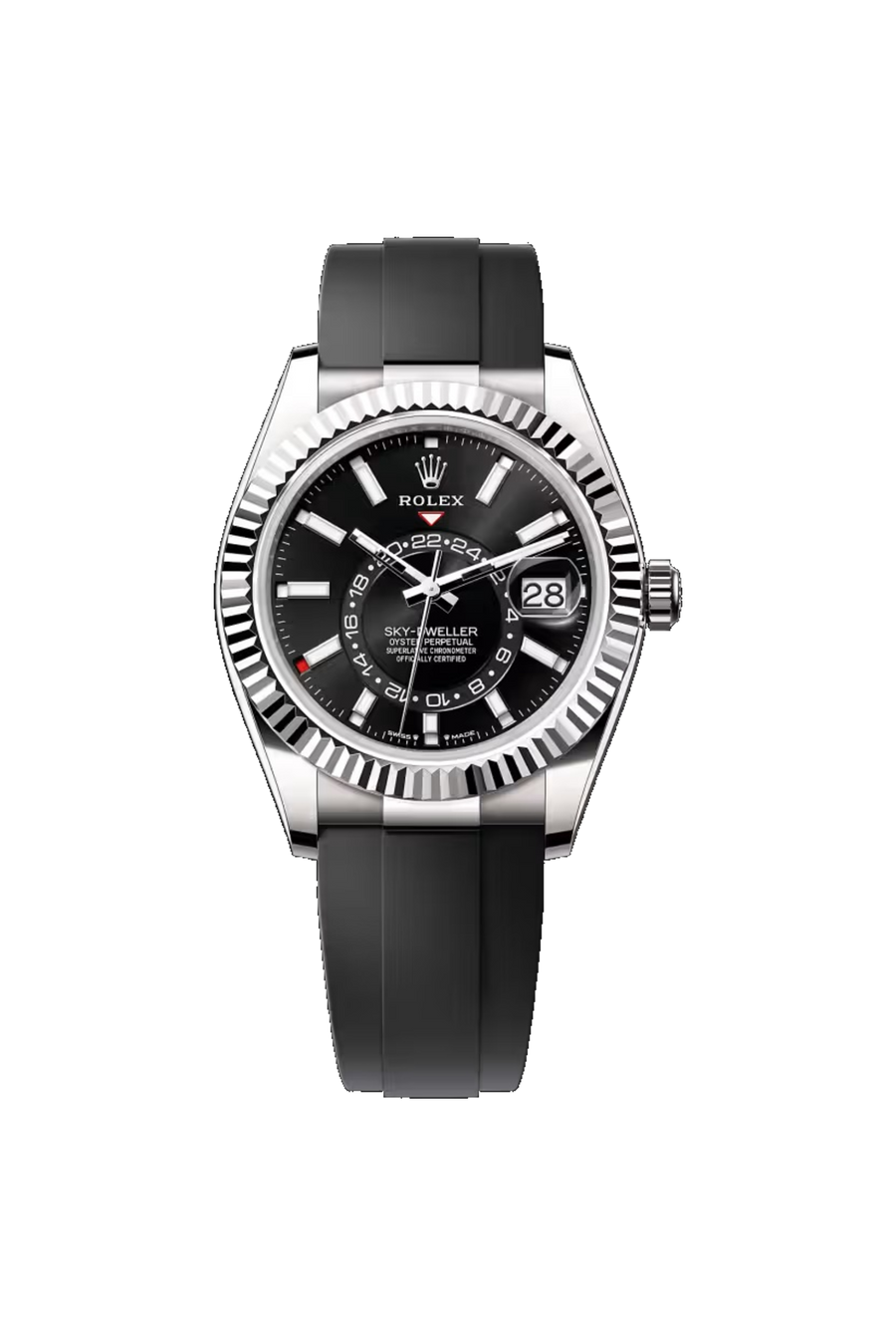 Rolex Sky-Dweller 42 referencia 336239, Oro blanco de 18K, esfera negra intensa, brazalete Oysterflex.