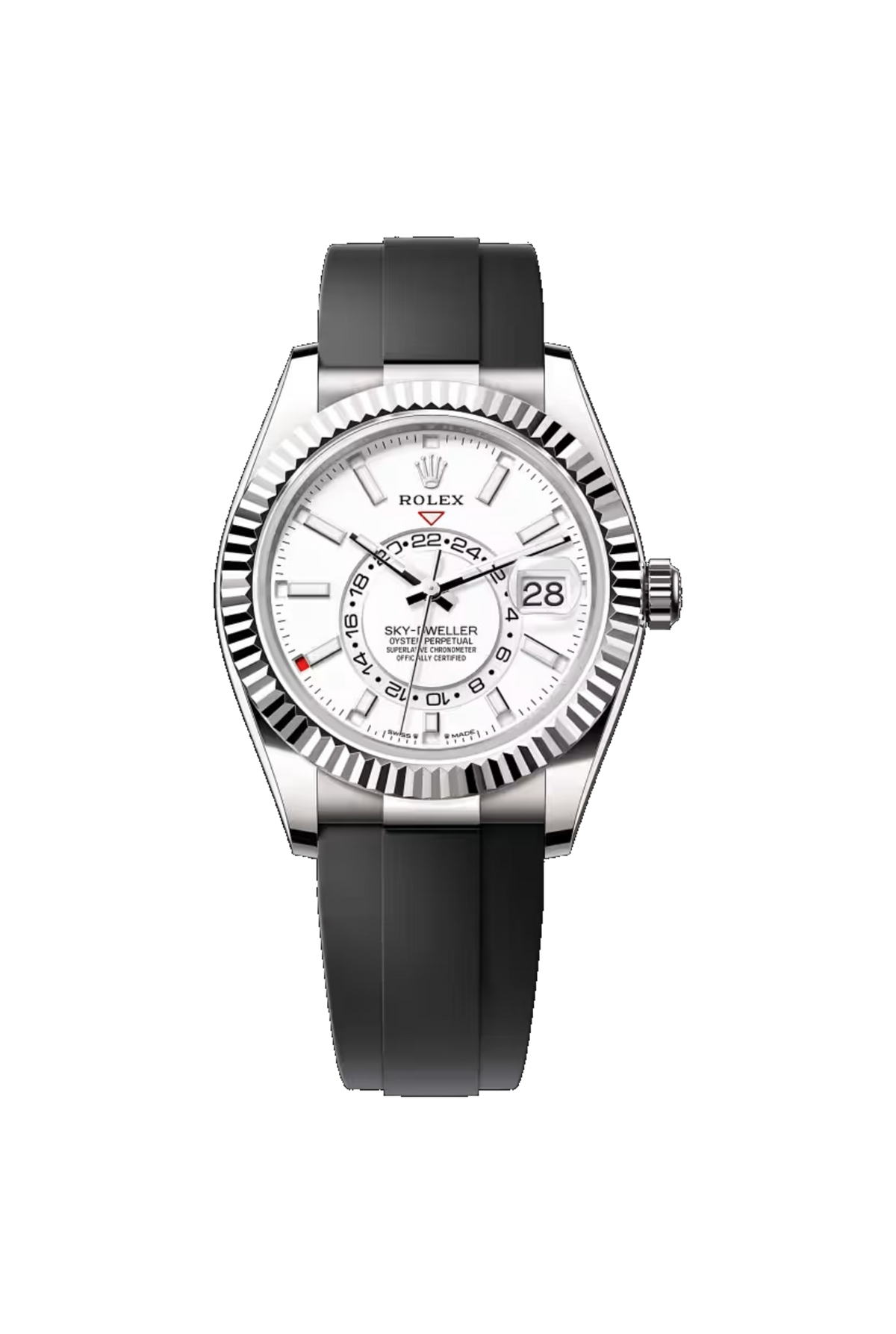 Rolex Sky-Dweller 42 المرجع 336239, ذهب أبيض عيار 18K, ميناء أبيض مكثف, سوار Oysterflex.
