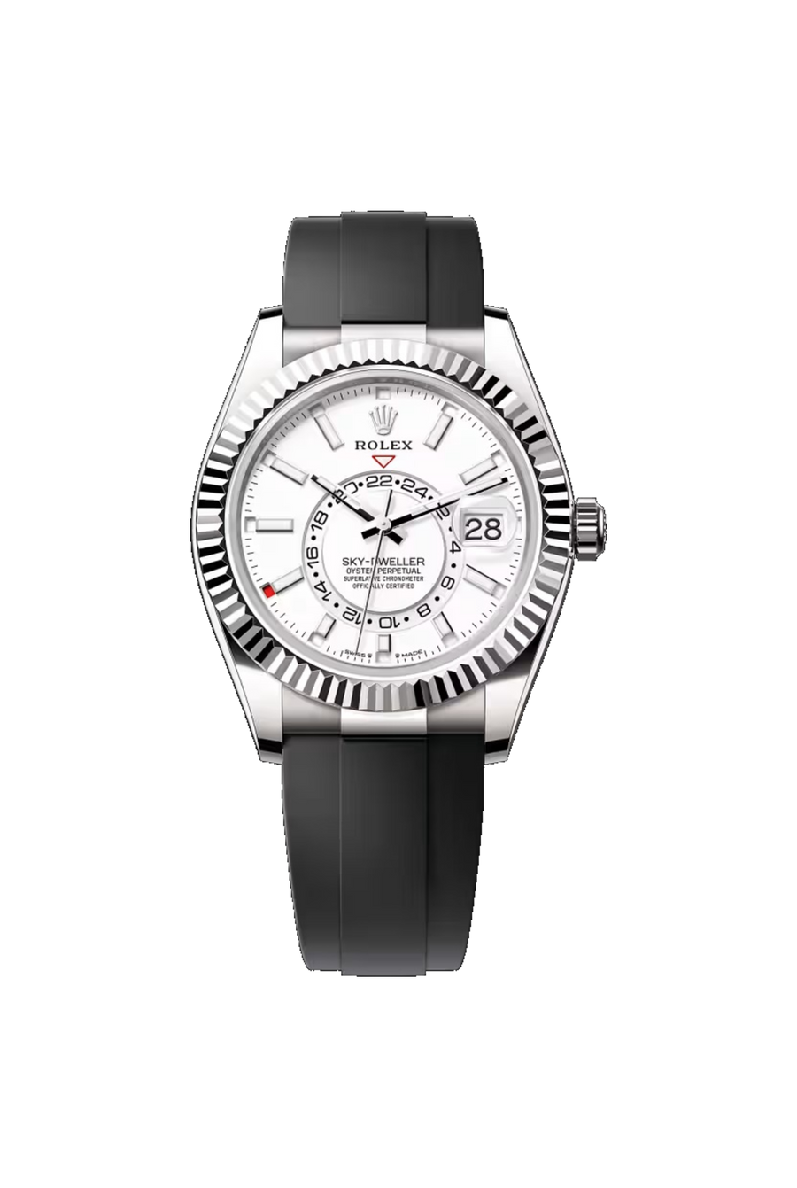 Rolex Sky-Dweller 42 referencia 336239, Oro blanco de 18K, esfera blanca intensa, brazalete Oysterflex.