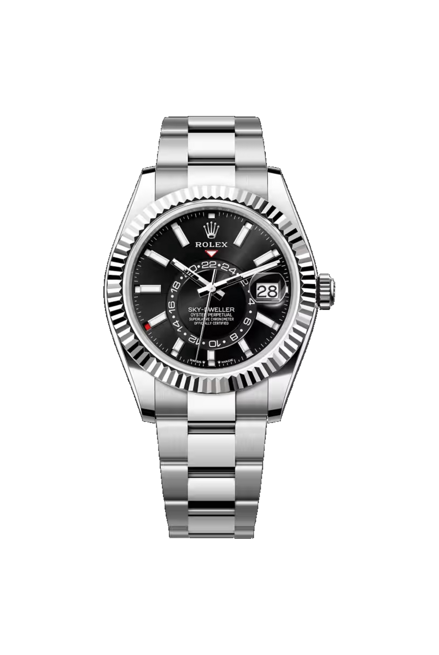 Rolex Sky-Dweller 42 referencia 336934, esfera negra intensa, brazalete Oyster, Acero Oystersteel y oro blanco.