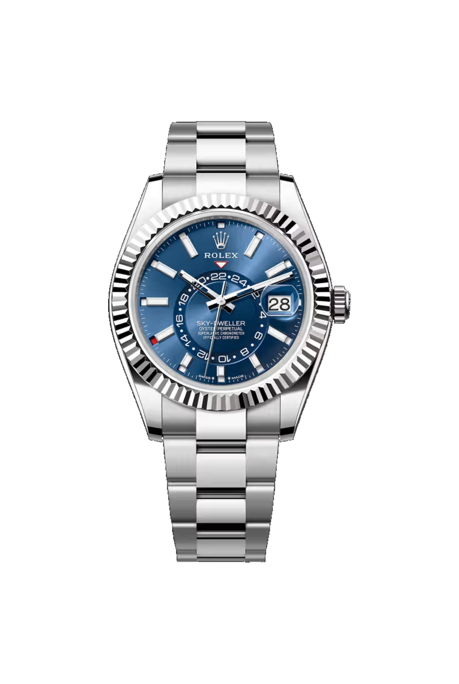 Rolex Sky-Dweller 42 referencia 336934, esfera azul intenso, brazalete Oyster, Acero Oystersteel y oro blanco.