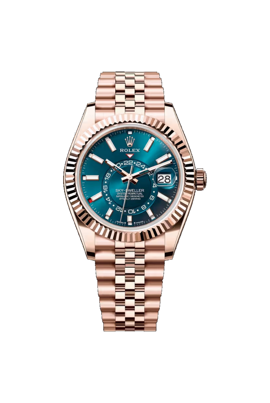 Rolex Sky-Dweller 42 referencia 336935, Oro Everose de 18K, esfera azul verdoso, brazalete Jubilee.