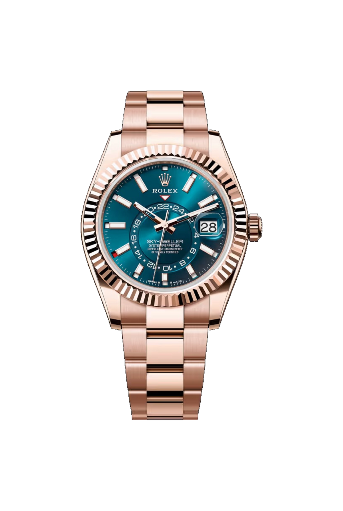 Rolex Sky-Dweller 42 reference 336935, 18K Everose gold, blue-green dial, Oyster bracelet.
