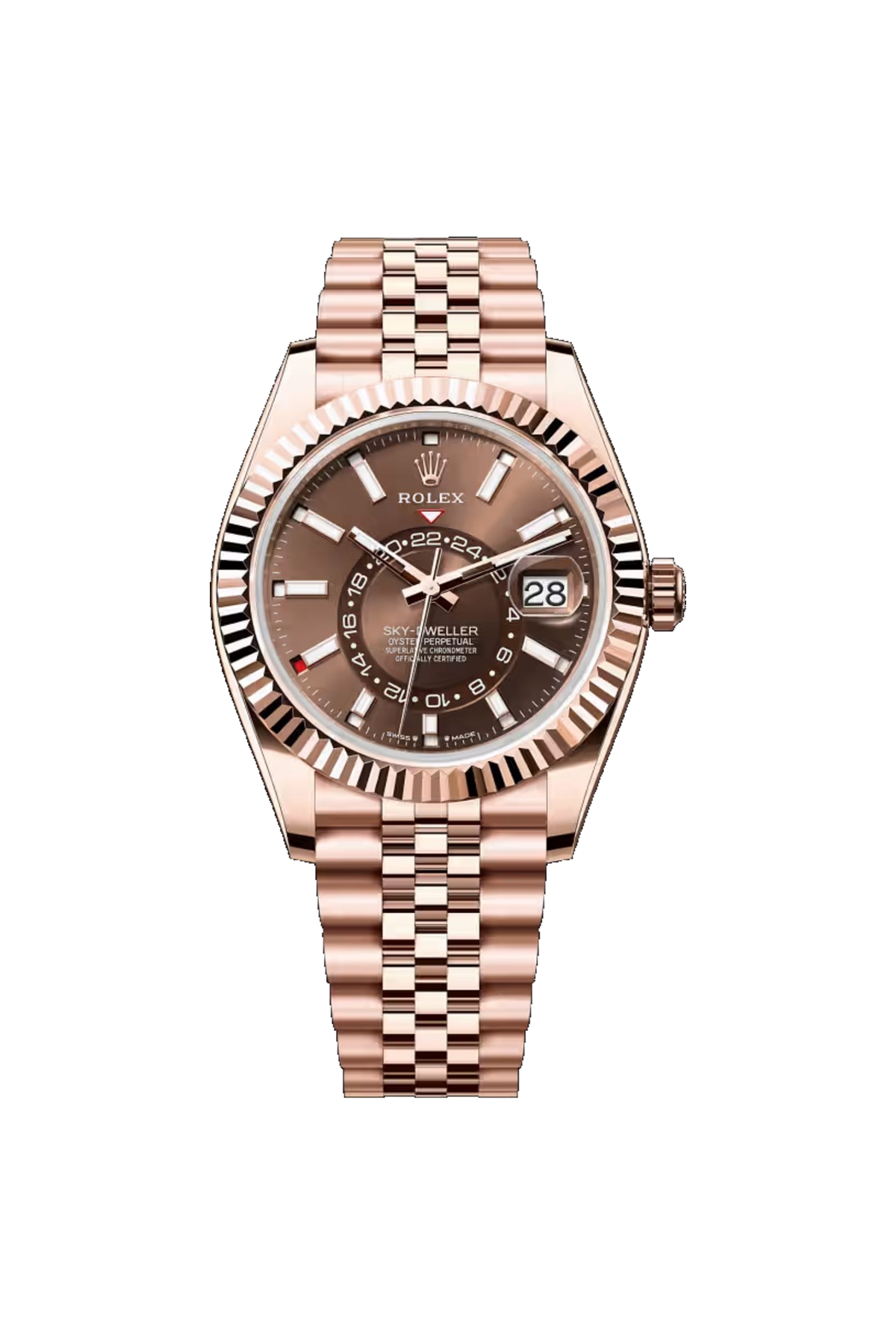 Rolex Sky-Dweller 42 referencia 336935, Oro Everose de 18K, esfera chocolate, brazalete Jubilee.