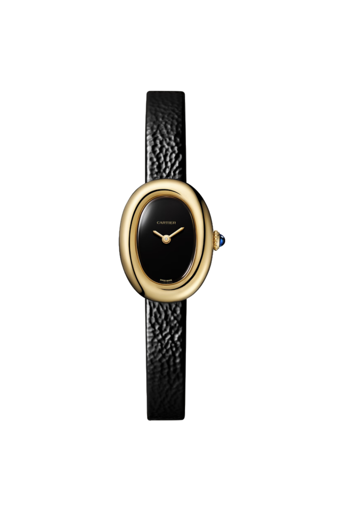 Cartier Baignoire Mini (2026) Or jaune, cadran noir, cuir noir